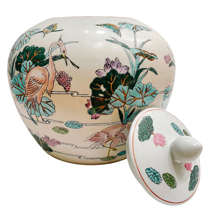 Vintage Chinese Ginger Jar With Cranes and Lotus Motif