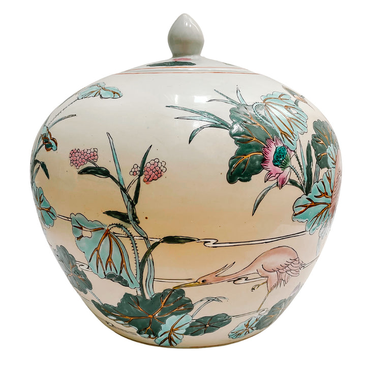 Vintage Chinese Ginger Jar With Cranes and Lotus Motif