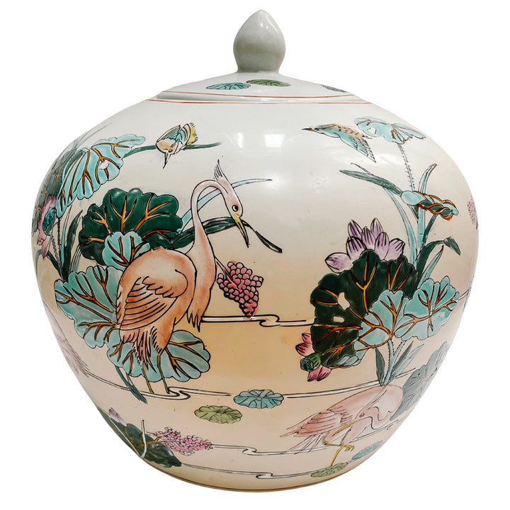Vintage Chinese Ginger Jar With Cranes and Lotus Motif