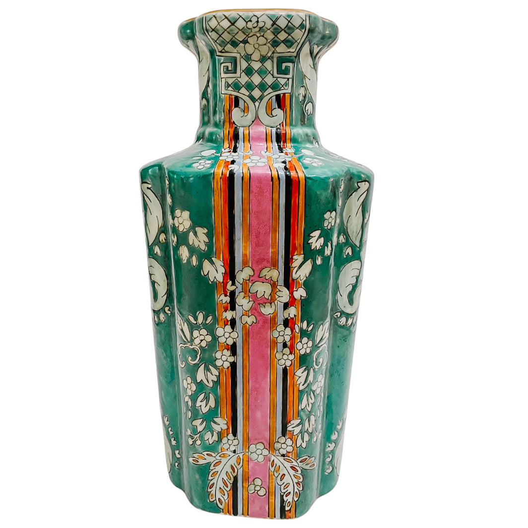 Vintage Chinese Green Striped Quatrefoil Vase