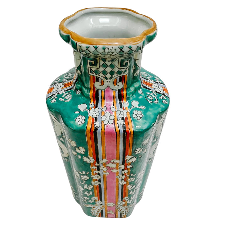 Vintage 14.5" Chinese Green Striped Quatrefoil Vase