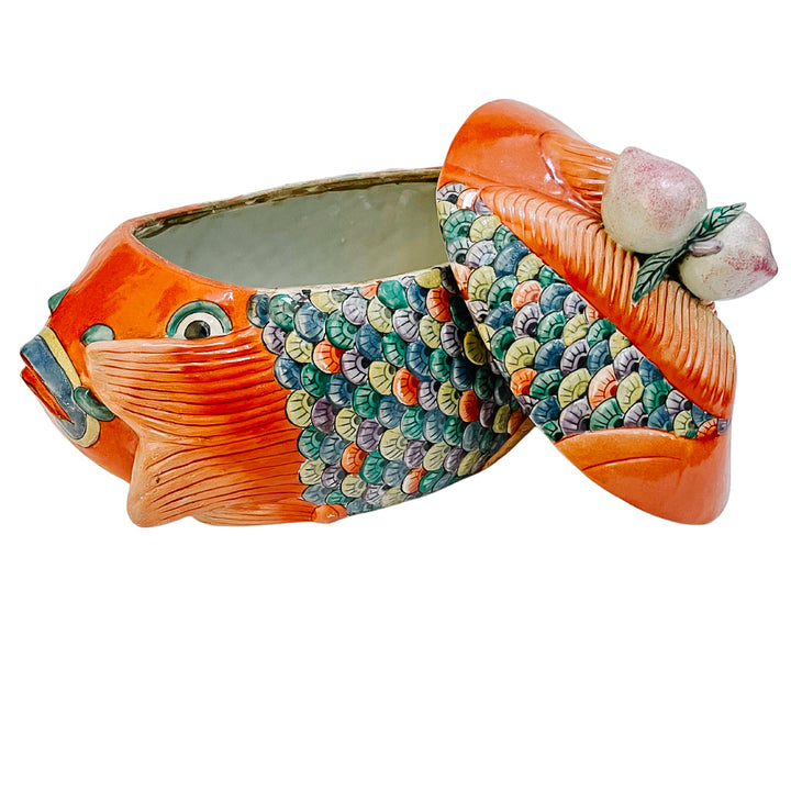 Vintage Chinese Hand-Painted Famille Rose Two Head Koi Fish Form Tureen (2)