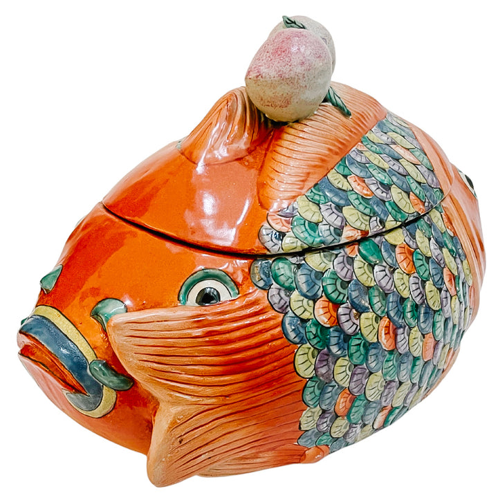Vintage Chinese Hand-Painted Famille Rose Two Head Koi Fish Form Tureen (2)
