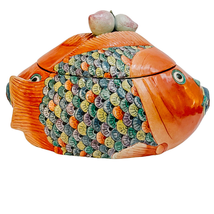 Vintage Chinese Hand-Painted Famille Rose Two Head Koi Fish Form Tureen (2)