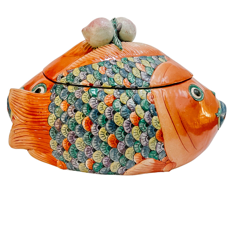 Vintage Chinese Hand-Painted Famille Rose Two Head Koi Fish Form Tureen (2)
