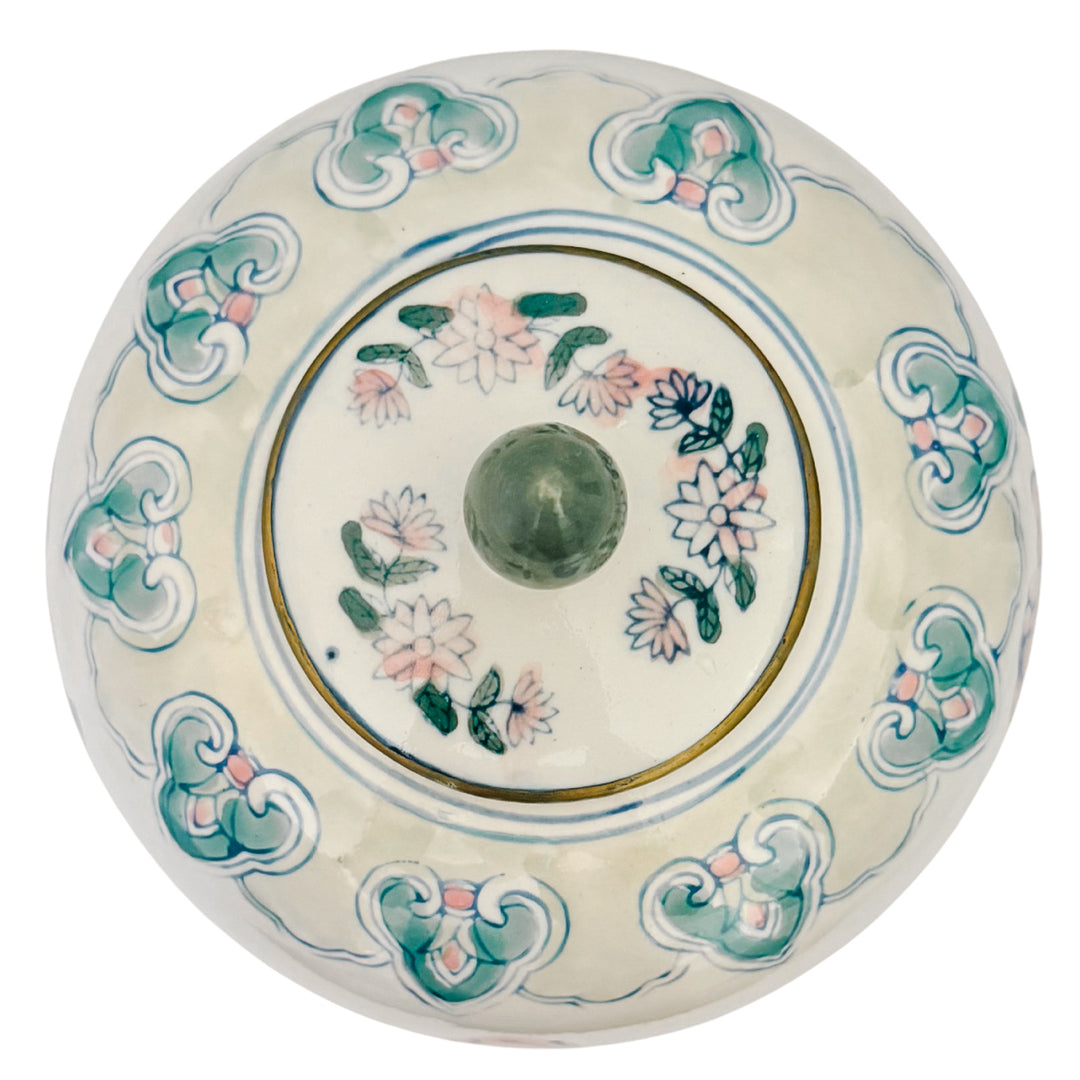 Vintage Chinese Hand-Painted Polychrome Floral Porcelain Ginger Jar with Lid
