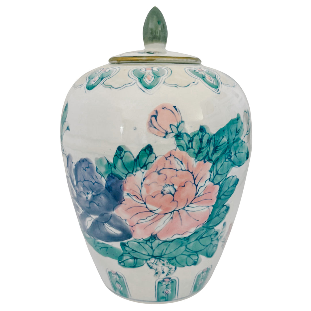 Vintage Chinese Hand-Painted Polychrome Floral Porcelain Ginger Jar with Lid
