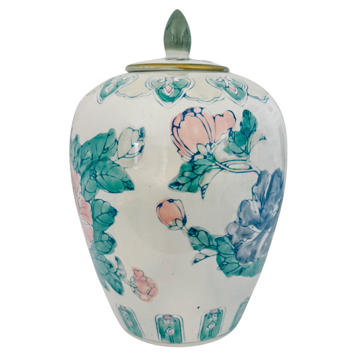 Vintage Chinese Hand-Painted Polychrome Floral Porcelain Ginger Jar with Lid