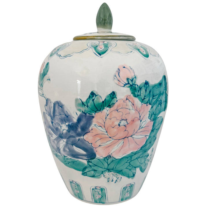Vintage Chinese Hand-Painted Polychrome Floral Porcelain Ginger Jar with Lid