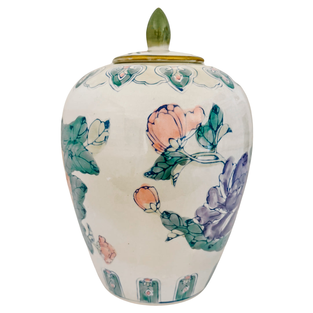 Vintage Chinese Hand-Painted Polychrome Floral Porcelain Ginger Jar with Lid