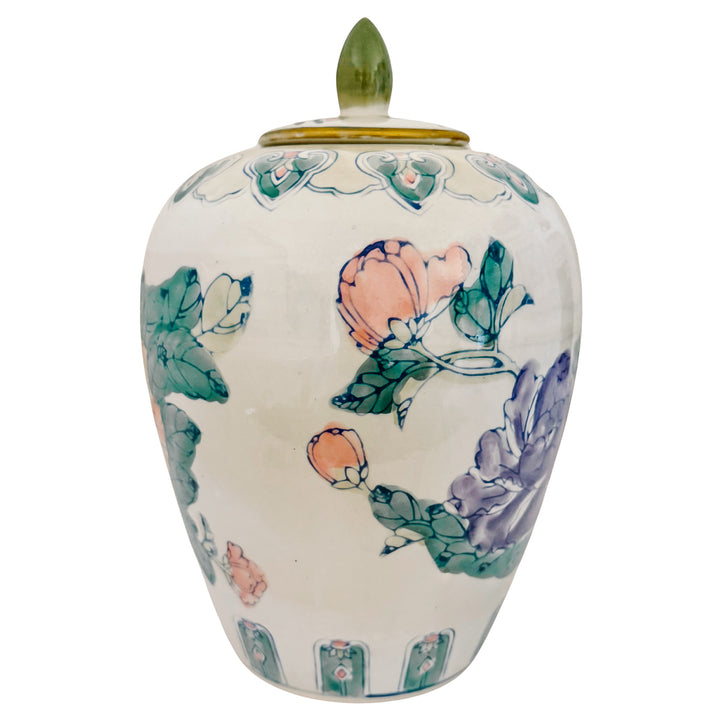 Vintage Chinese Hand-Painted Polychrome Floral Porcelain Ginger Jar with Lid