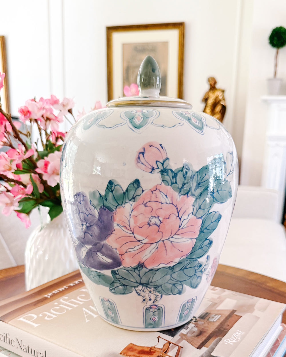 Vintage Chinese Hand-Painted Polychrome Floral Porcelain Ginger Jar with Lid