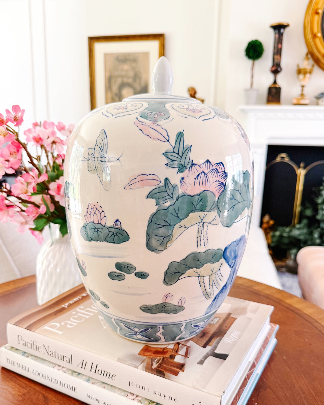 Vintage Chinese Hand-Painted Polychrome Porcelain Temple Jar With Pink Lotus & Butterflies