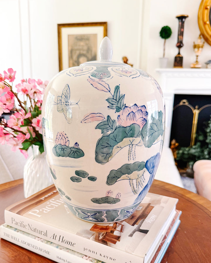 Vintage Chinese Hand-Painted Polychrome Porcelain Temple Jar With Pink Lotus & Butterflies