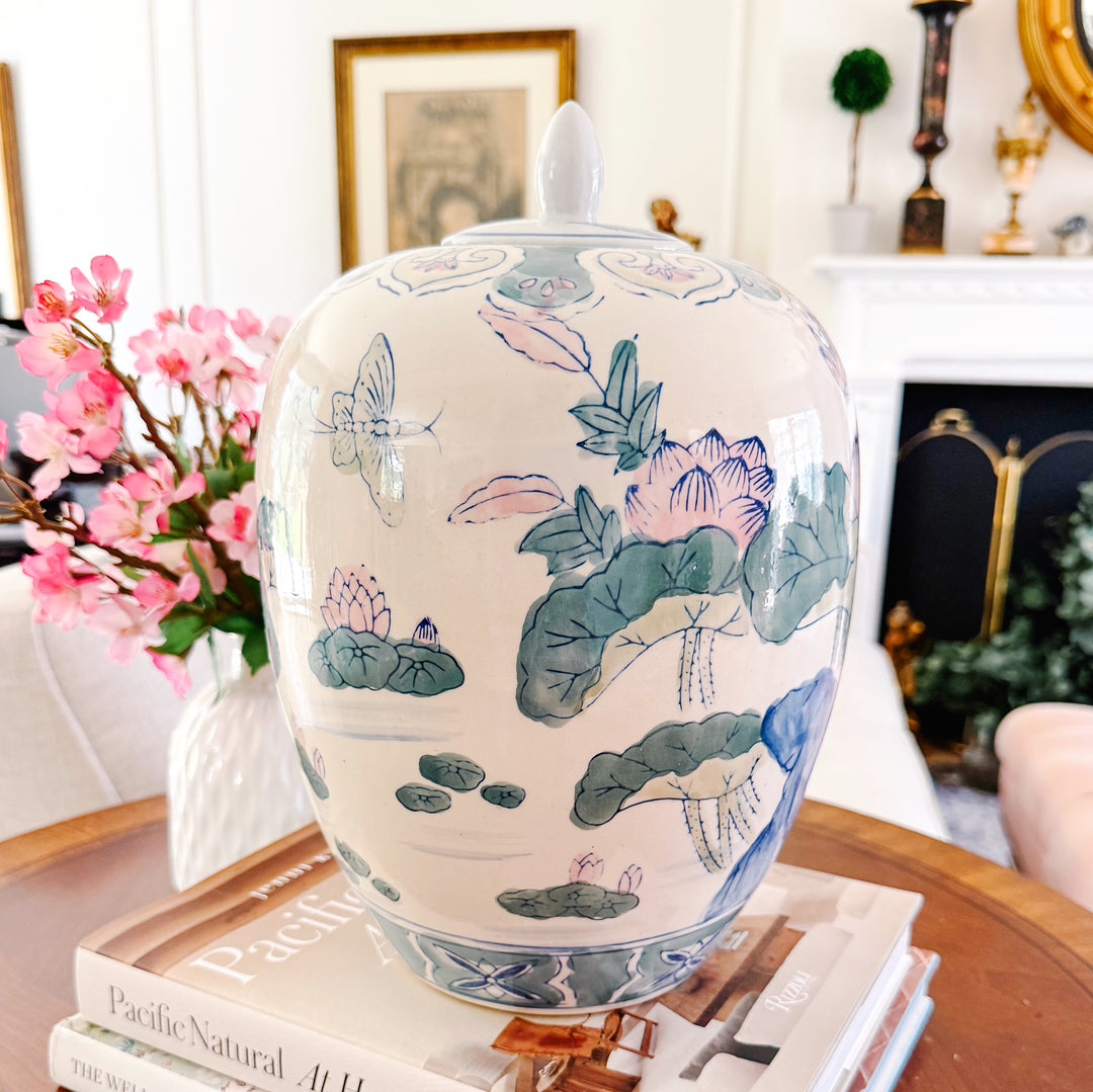 Vintage Chinese Hand-Painted Polychrome Porcelain Temple Jar With Pink Lotus & Butterflies