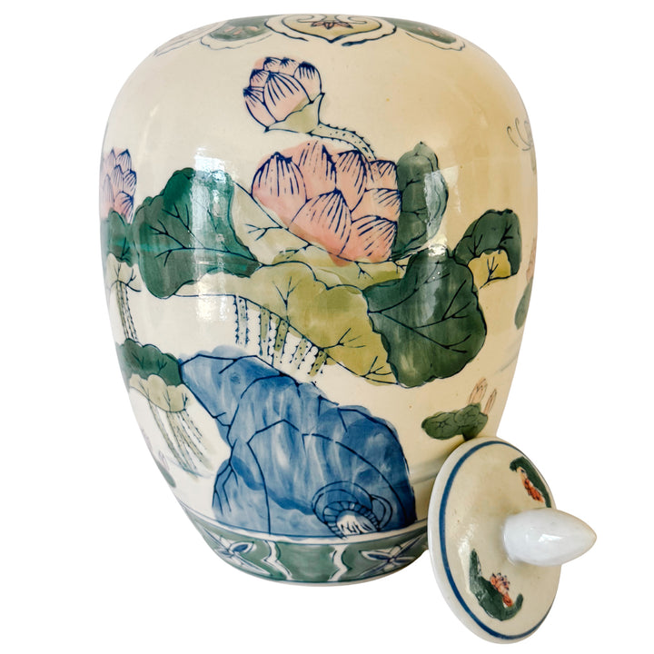 Vintage Chinese Hand-Painted Polychrome Porcelain Temple Jar With Pink Lotus & Butterflies