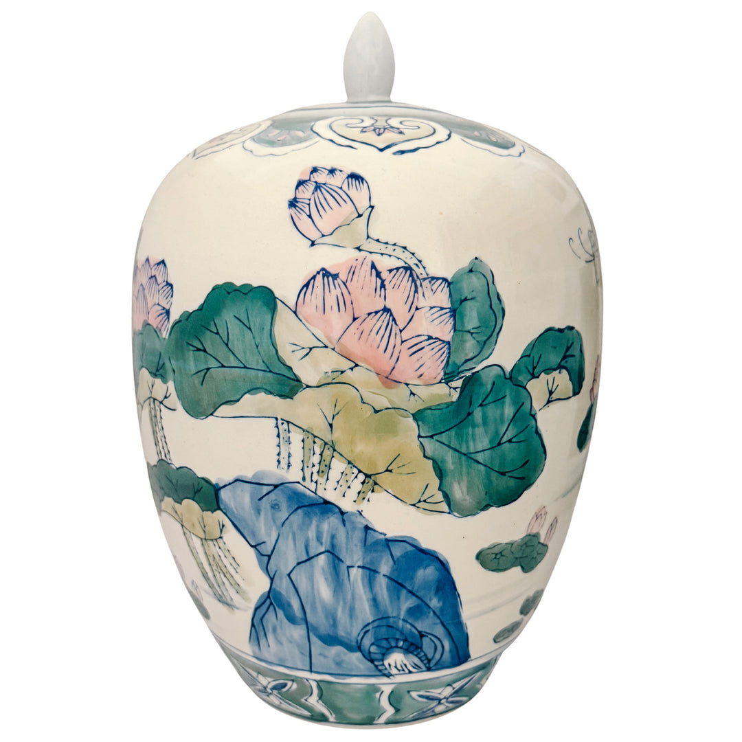 Vintage Chinese Hand-Painted Polychrome Porcelain Temple Jar With Pink Lotus & Butterflies