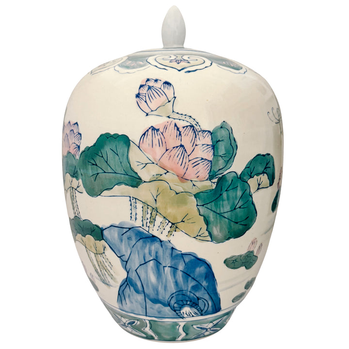 Vintage Chinese Hand-Painted Polychrome Porcelain Temple Jar With Pink Lotus & Butterflies