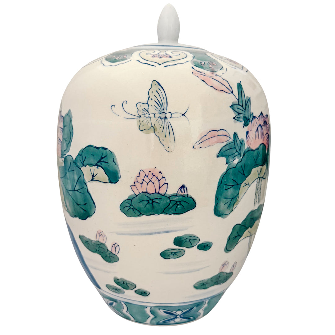 Vintage Chinese Hand-Painted Polychrome Porcelain Temple Jar With Pink Lotus & Butterflies