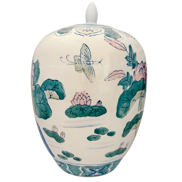 Vintage Chinese Hand-Painted Polychrome Porcelain Temple Jar With Pink Lotus & Butterflies