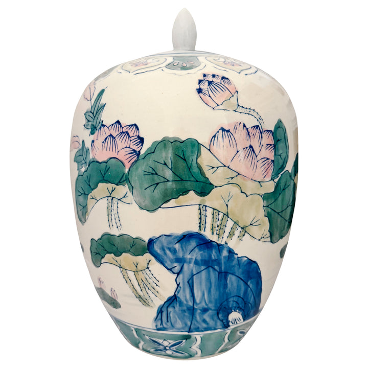 Vintage Chinese Hand-Painted Polychrome Porcelain Temple Jar With Pink Lotus & Butterflies