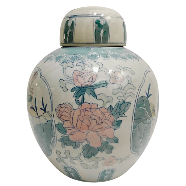 vintage Chinese Pink Lotus Ginger Jar With Flat Top