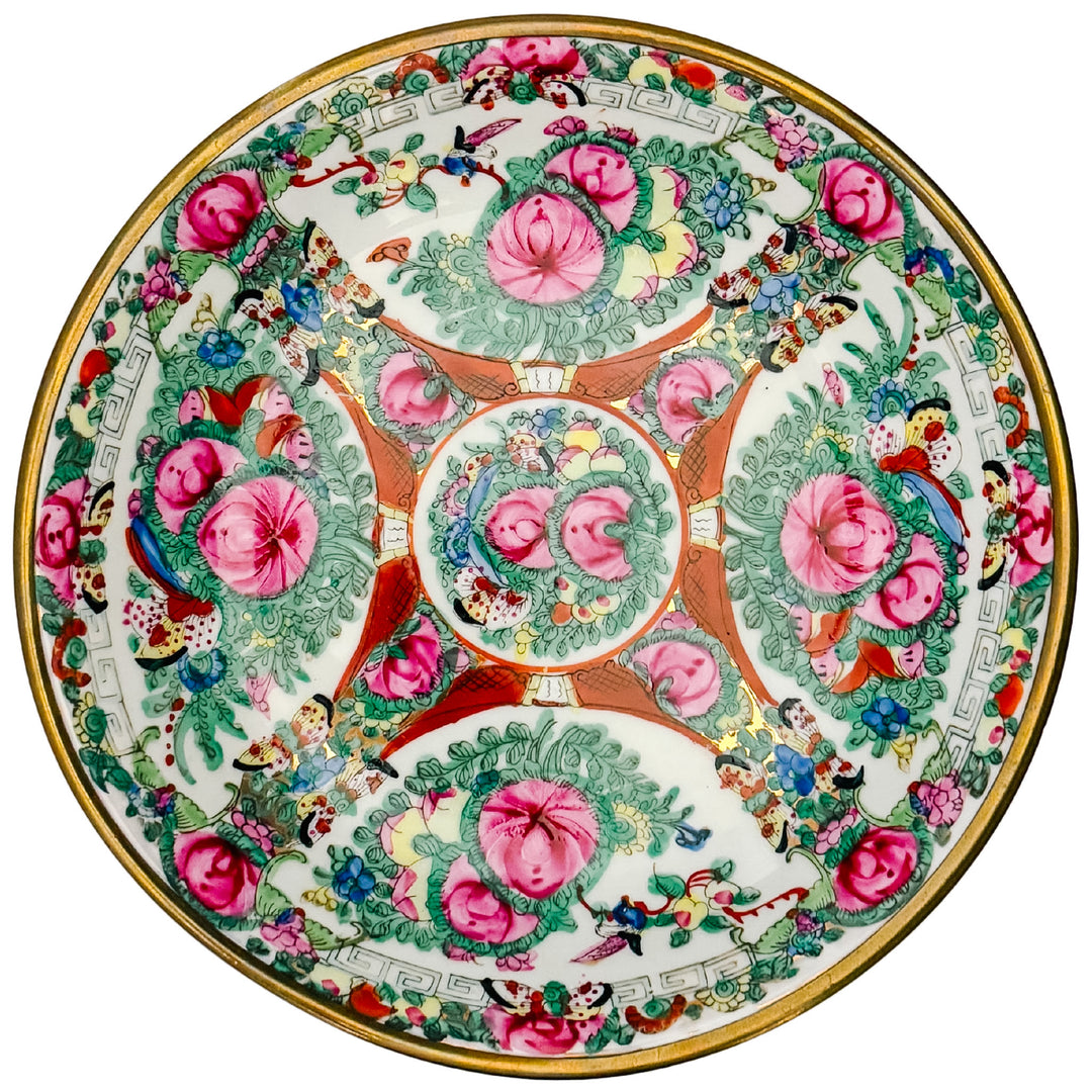 Vintage Chinese Rose Canton Porcelain Bowl Encased in Brass