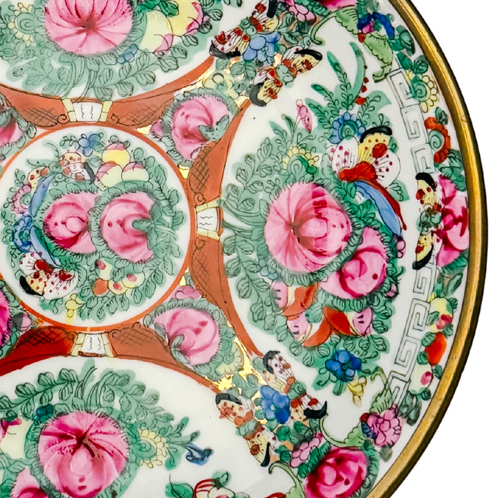 Vintage Chinese Rose Canton Porcelain Bowl Encased in Brass
