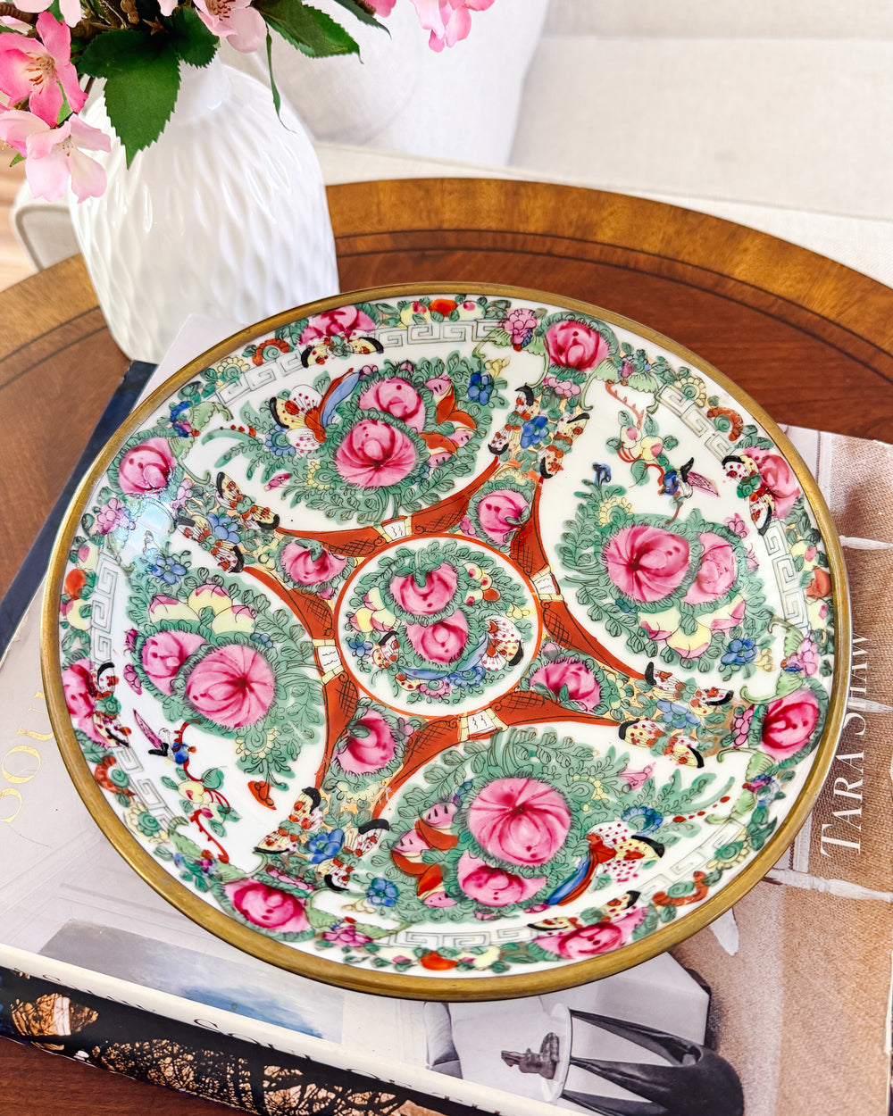 Vintage Chinese Rose Canton Porcelain Bowl Encased in Brass