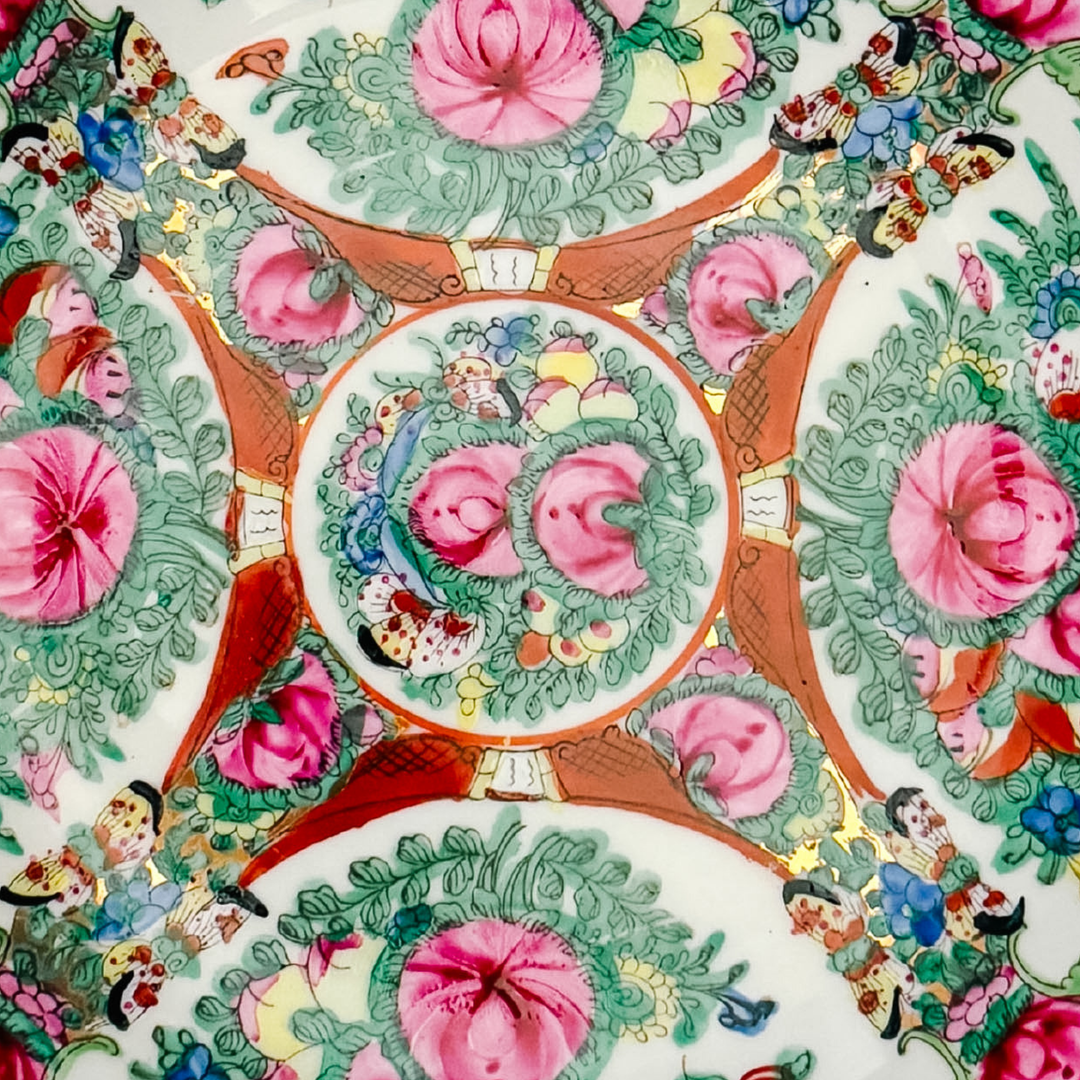 Vintage Chinese Rose Canton Porcelain Bowl Encased in Brass