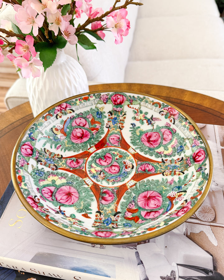 Vintage Chinese Rose Canton Porcelain Bowl Encased in Brass