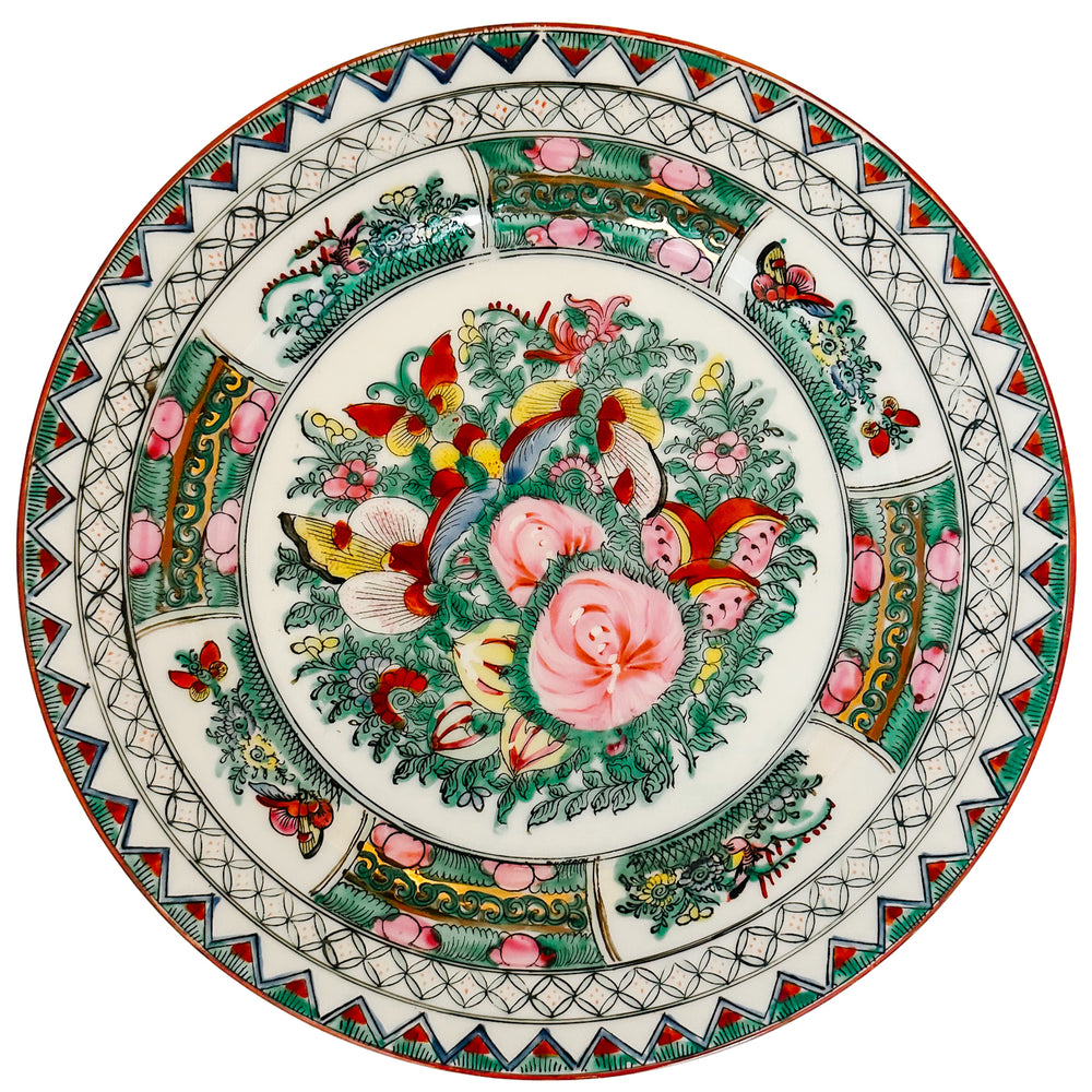 Vintage Chinese Rose Canton Porcelain Charger Plate - Hand-Painted with Butterflies & Florals