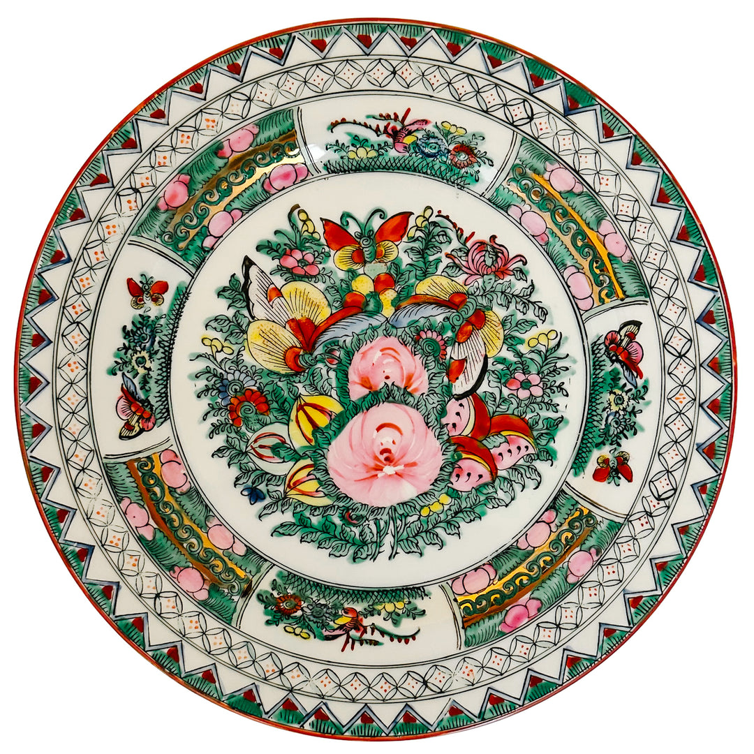 Vintage Chinese Rose Canton Porcelain Charger Plate - Hand-Painted with Butterflies & Florals