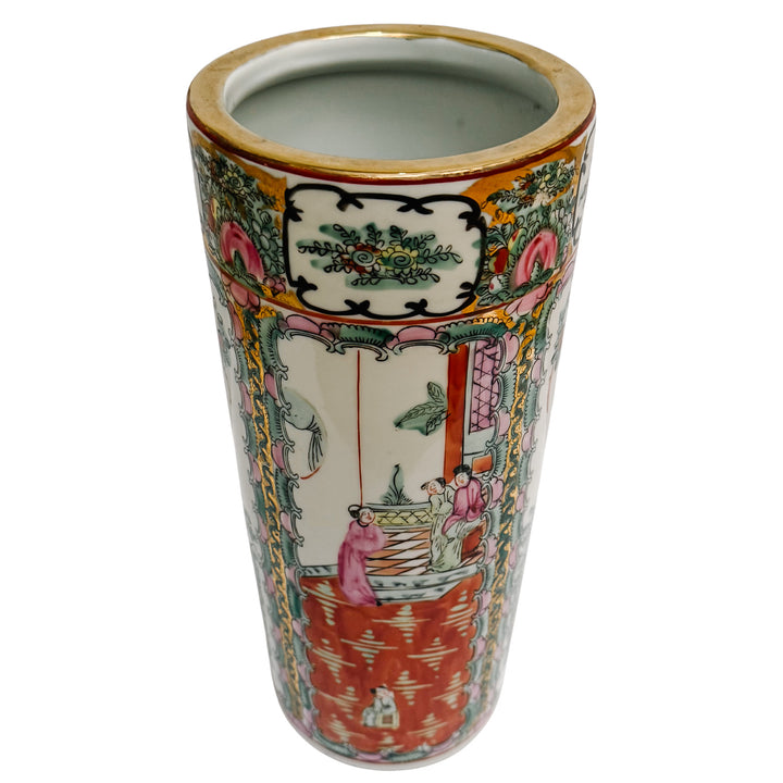 Vintage Chinese Rose Medallion Cylindrical Porcelain Vase