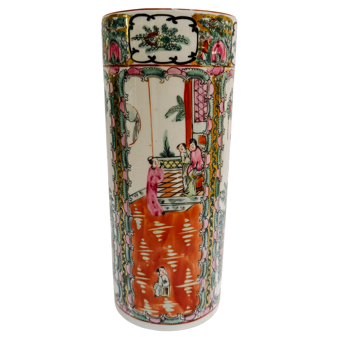 Vintage Chinese Rose Medallion Cylindrical Porcelain Vase
