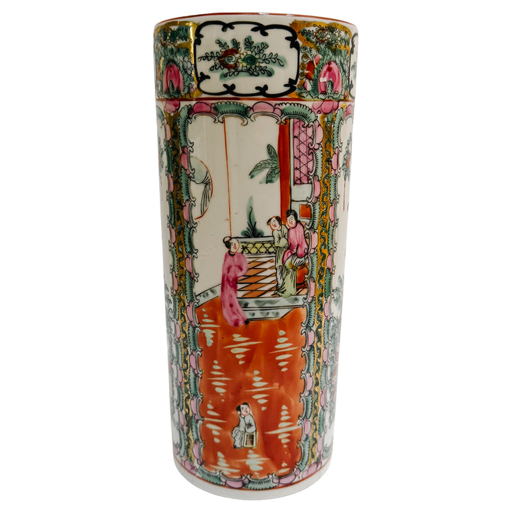 Vintage Chinese Rose Medallion Cylindrical Porcelain Vase