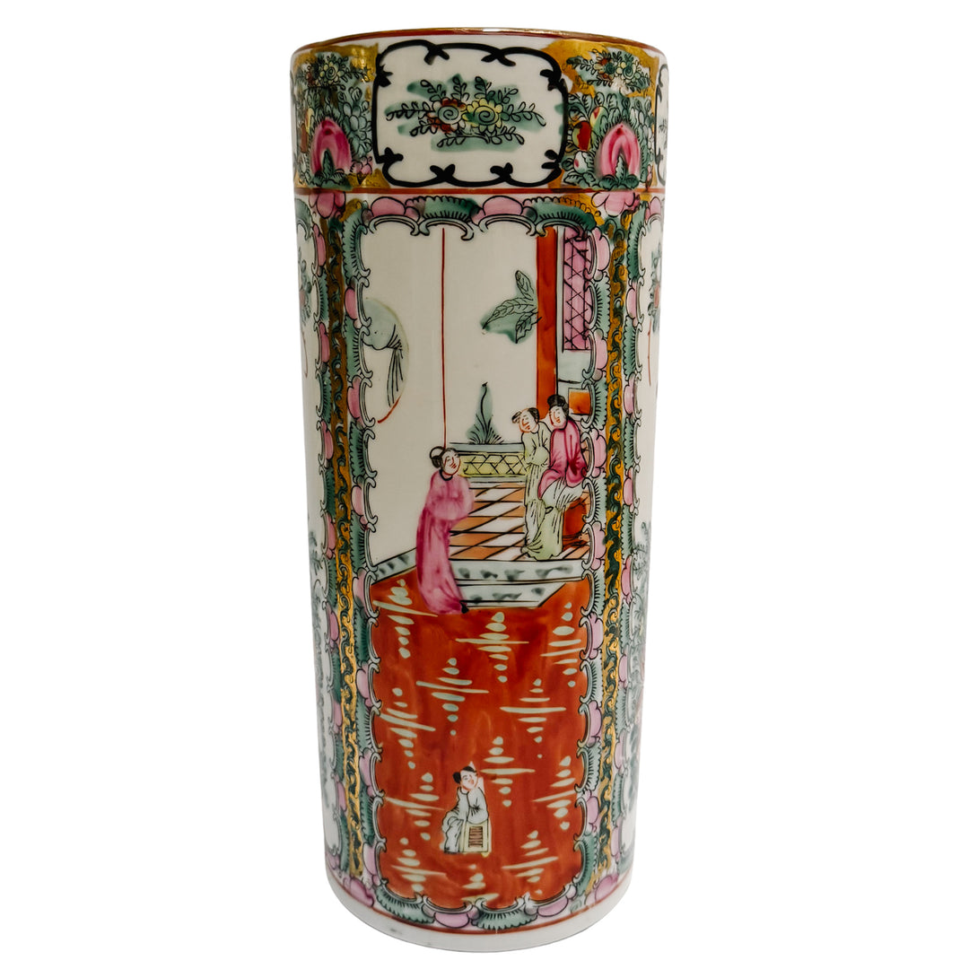 Vintage Chinese Rose Medallion Cylindrical Porcelain Vase