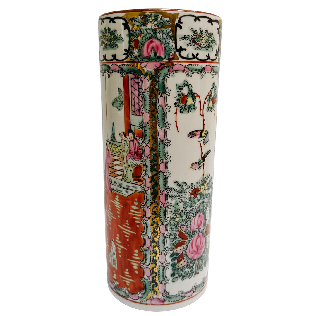 Vintage Chinese Rose Medallion Cylindrical Porcelain Vase