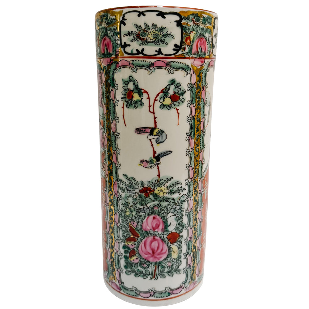 Vintage Chinese Rose Medallion Cylindrical Porcelain Vase