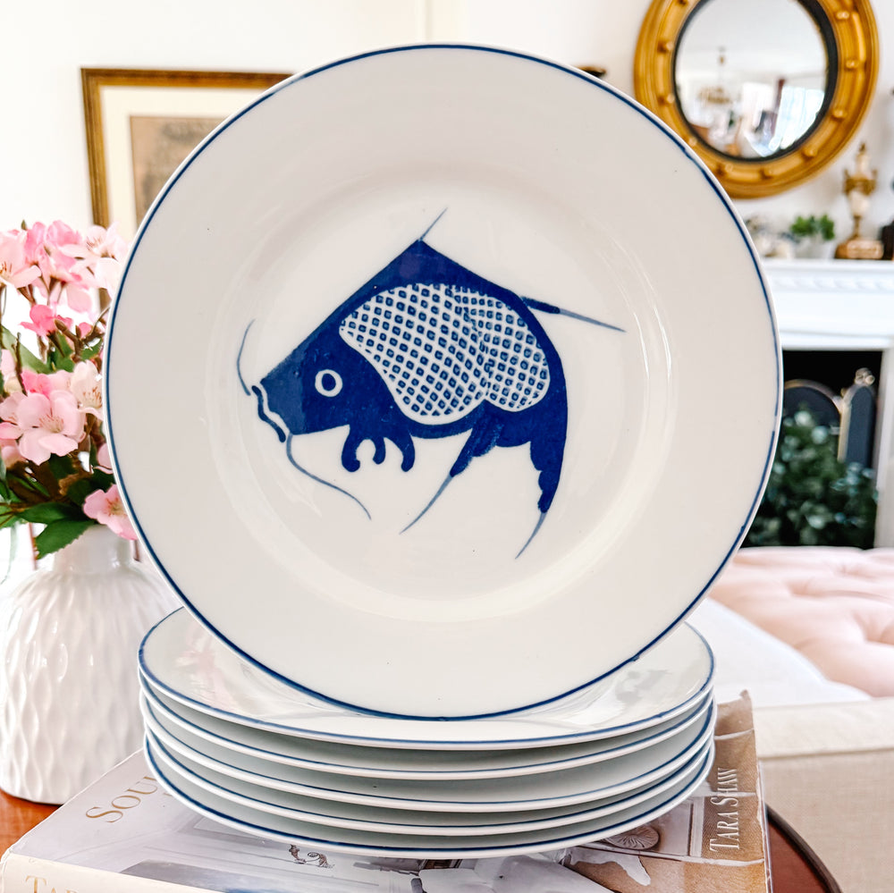 Vintage Chinoiserie Blue & White Koi Fish Dinner Plates