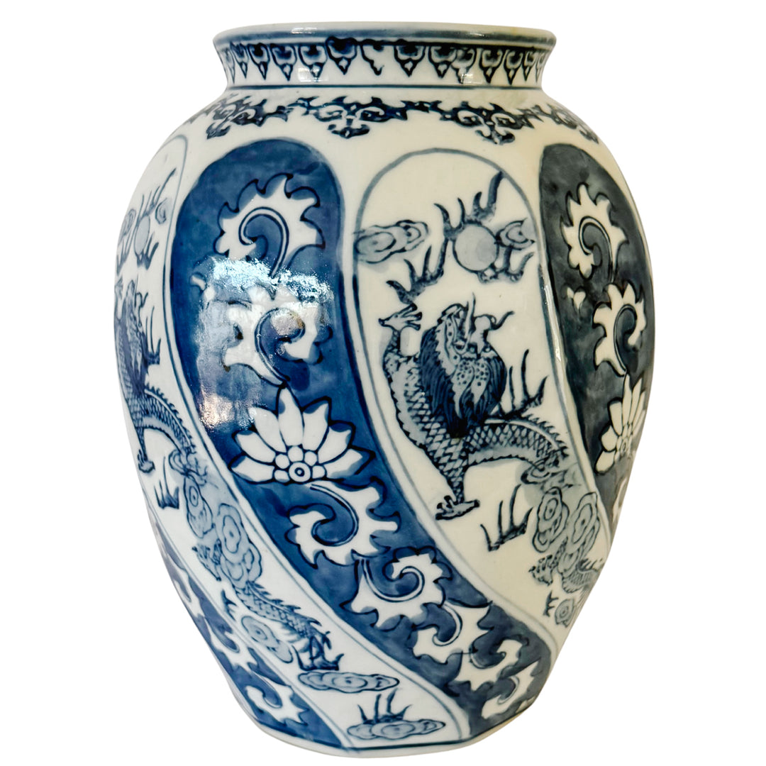 Vintage Chinoiserie Blue and White Swirl Dragon Vase