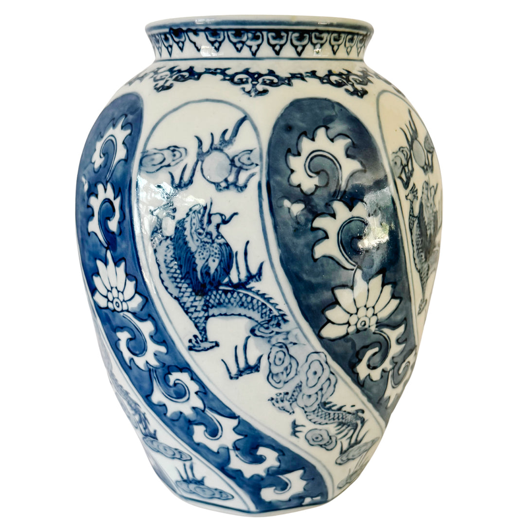Vintage Chinoiserie Blue and White Swirl Dragon Vase