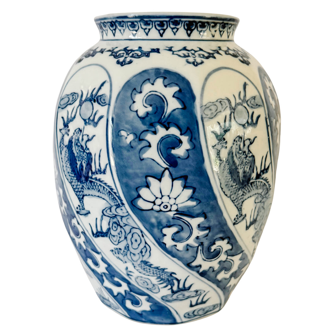 Vintage Chinoiserie Blue and White Swirl Dragon Vase