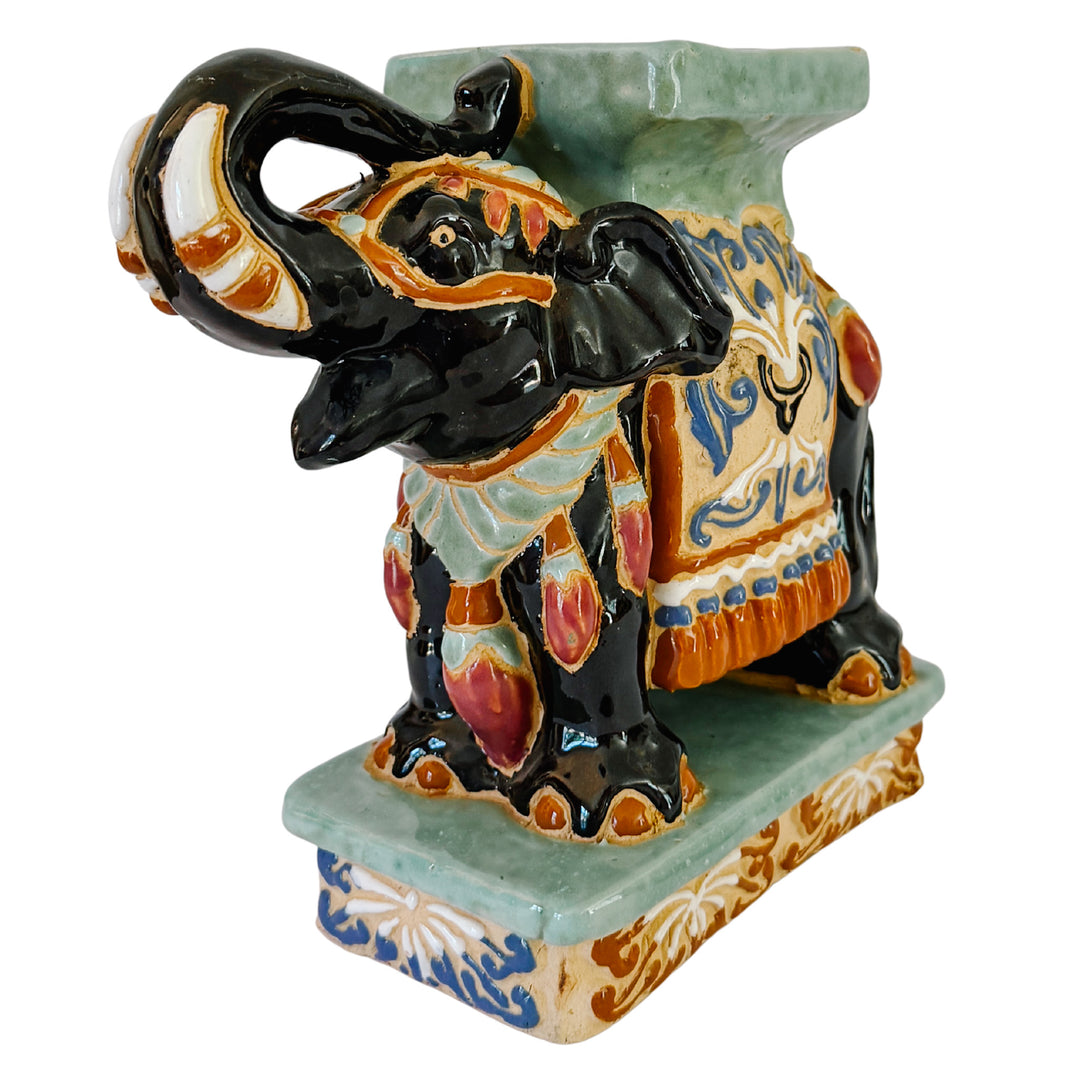 Vintage Chinoiserie Celadon & Black Ceramic Elephant Glazed Plant Stands / Bookends
