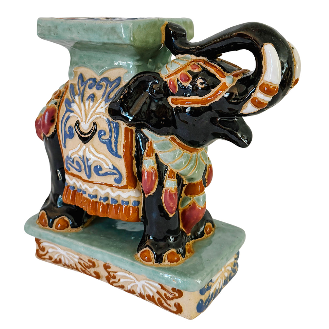 Vintage Chinoiserie Celadon & Black Ceramic Elephant Glazed Plant Stands / Bookends