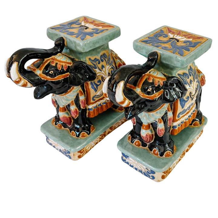 Vintage Chinoiserie Celadon & Black Ceramic Elephant Glazed Plant Stands / Bookends