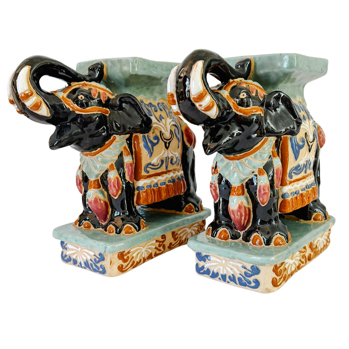 Vintage Chinoiserie Celadon & Black Ceramic Elephant Glazed Plant Stands / Bookends