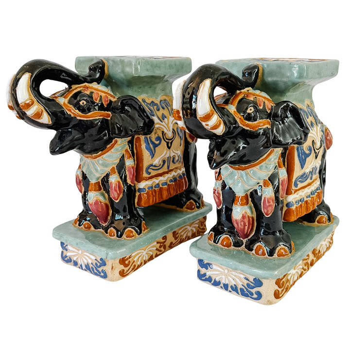 Vintage Chinoiserie Celadon & Black Ceramic Elephant Glazed Plant Stands / Bookends