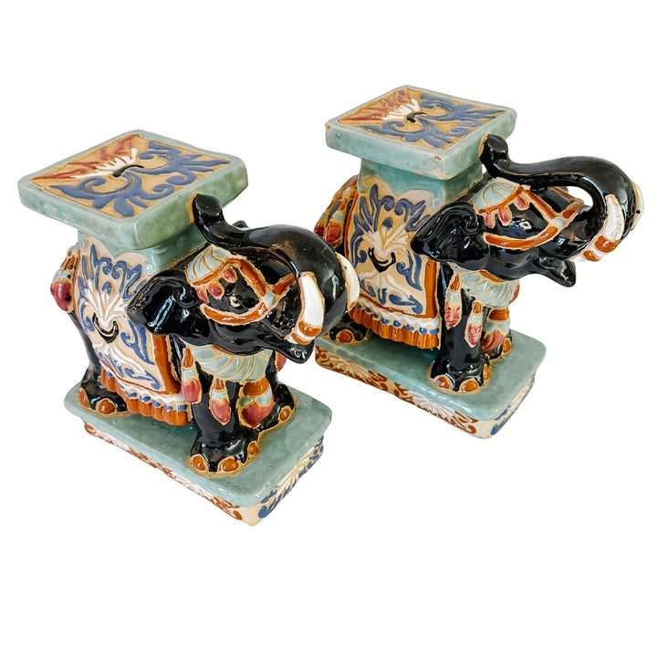 Vintage Chinoiserie Celadon & Black Ceramic Elephant Glazed Plant Stands / Bookends