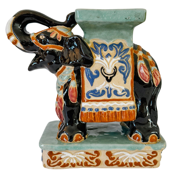 Vintage Chinoiserie Celadon & Black Ceramic Elephant Glazed Plant Stands / Bookends